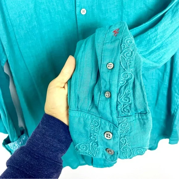 Robert Graham 100% Linen Embroidered Flip Cuff Blue Men's Button-Up Shirt Sz XL - Picture 5 of 16